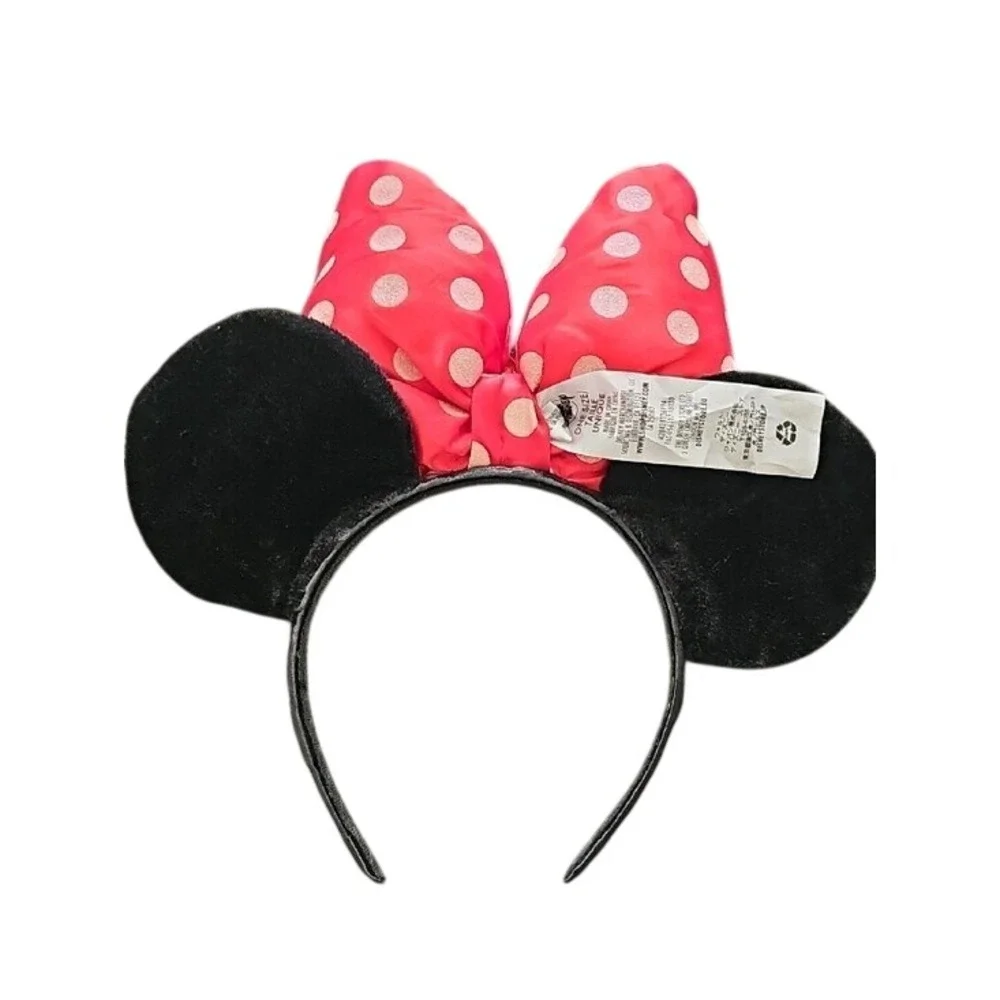 Disney Parks Minnie Mouse Polka Dot Glitter Ear Headband Red Black Flower O/S